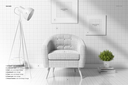 PSD mockup of a contemporary living space with a tufted armchair, grid-patterned wall, lamp, and decorative accents.