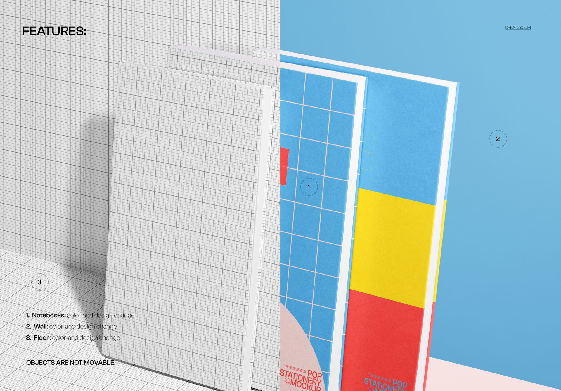 Three stationery planners mockup, featuring distinct cover patterns and colors, arranged vertically on a grid backdrop.