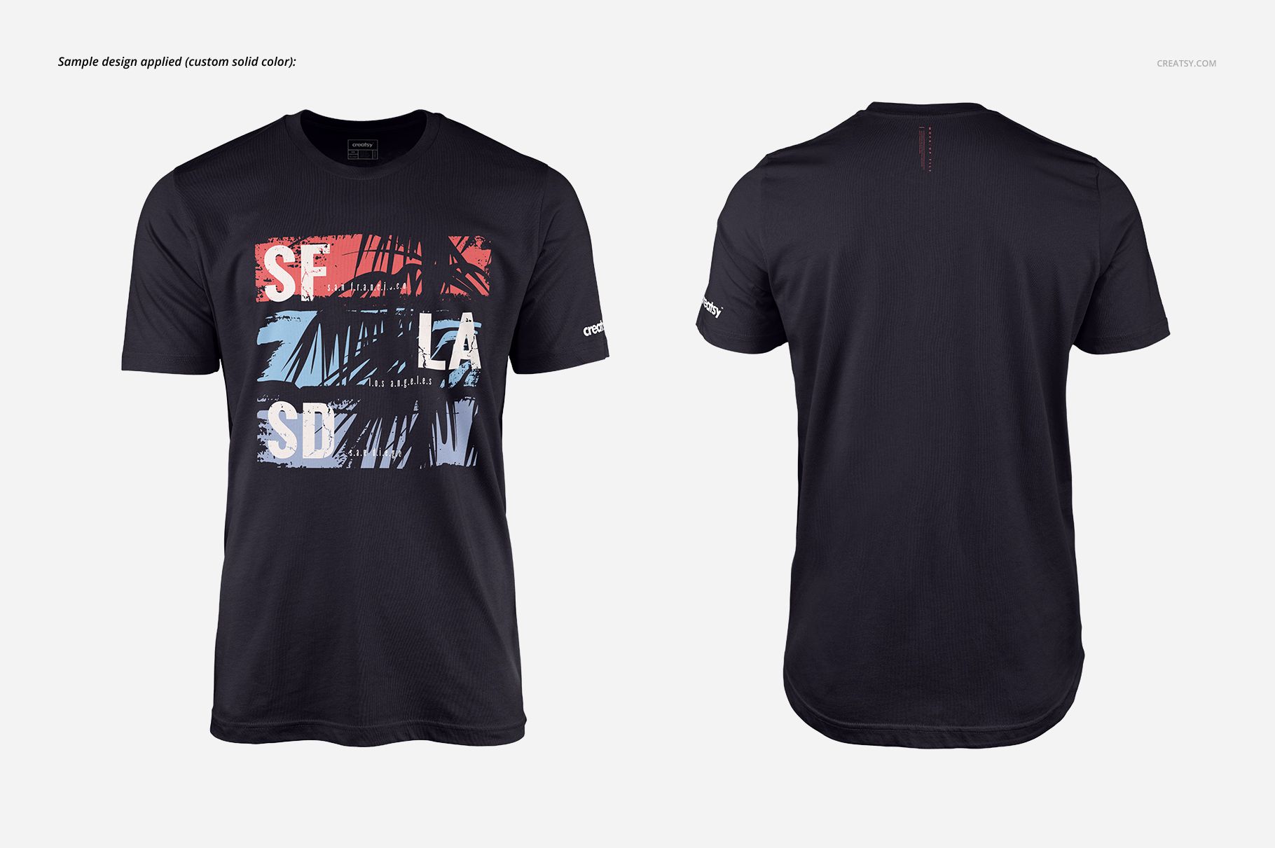 Front and back view of a men's t-shirt mockup in black, featuring a graphic print with palm leaves and city initials on the front.