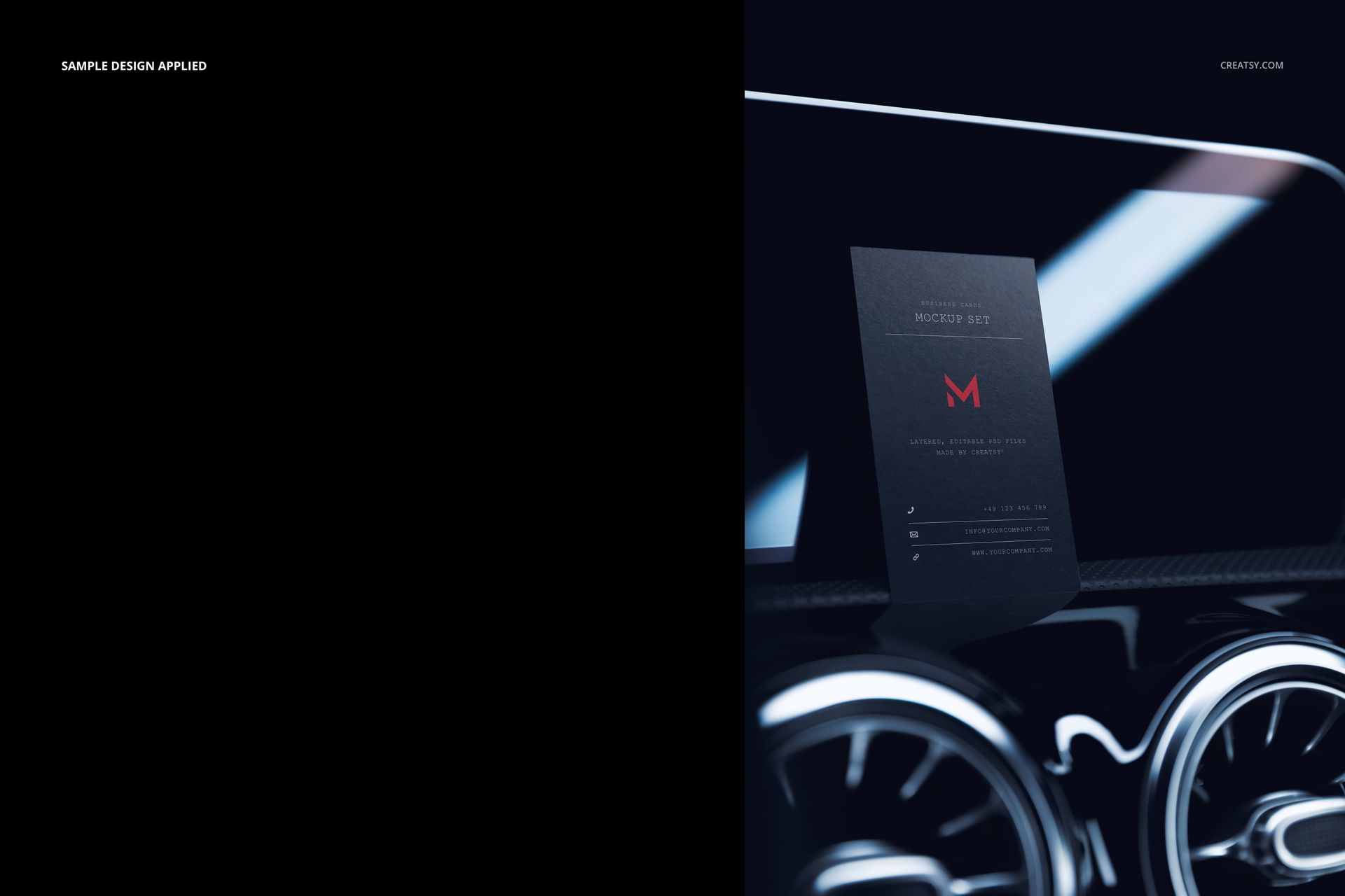 Black business card mockup displayed upright on a car dashboard with metallic air vents in a dark setting.