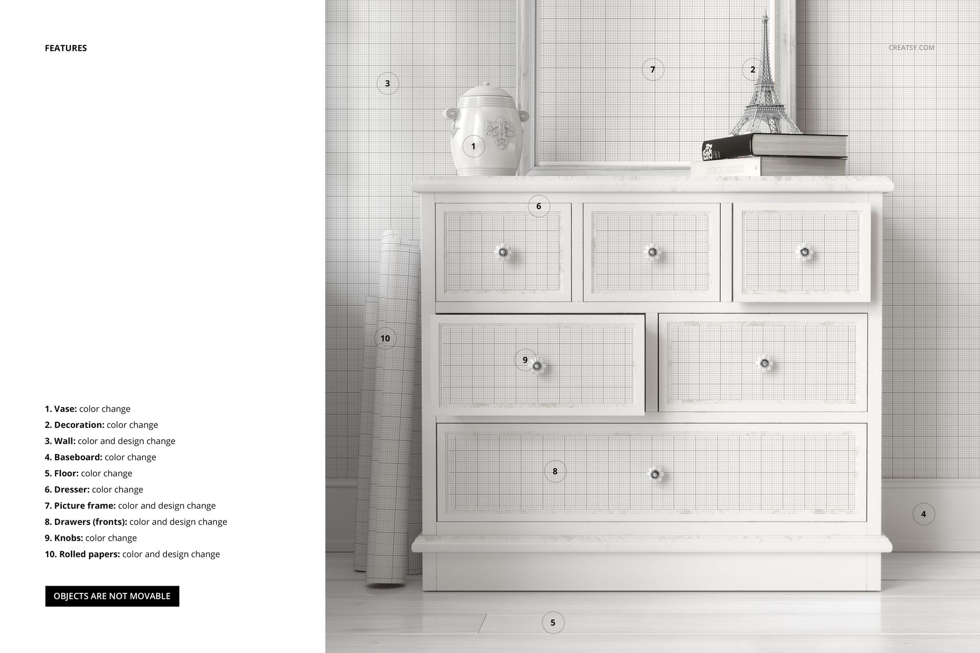Front view of a white dresser mockup with grid pattern, surrounded by decor items like a vase and Eiffel Tower model.