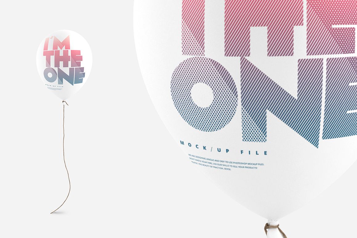 Party balloon mockup featuring large geometric text in pink and blue, displayed with string against a white backdrop.