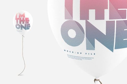 Party balloon mockup featuring large geometric text in pink and blue, displayed with string against a white backdrop.