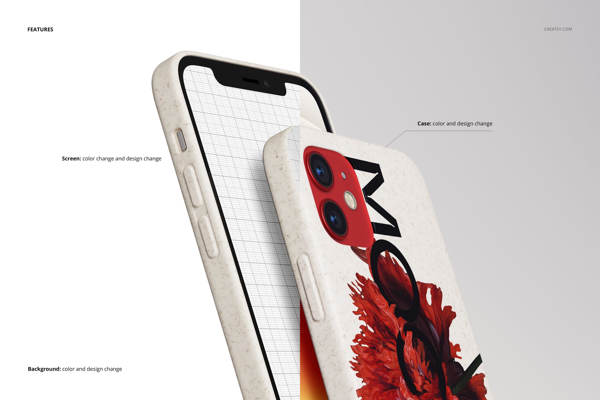 iPhone 12 eco-friendly case with floral design shown in close-up front and side view, mockup on split background.