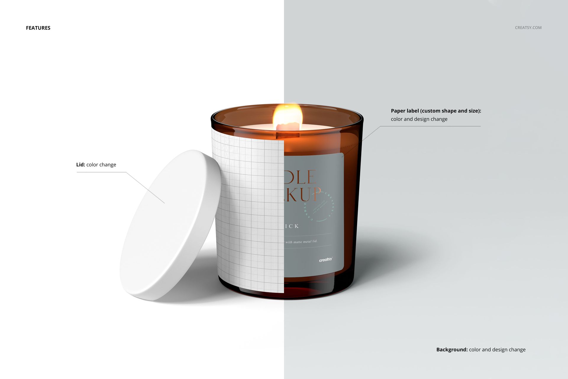 Mockup of an amber glass candle jar with a matte lid, wooden wick, and editable label, displayed on a split background.