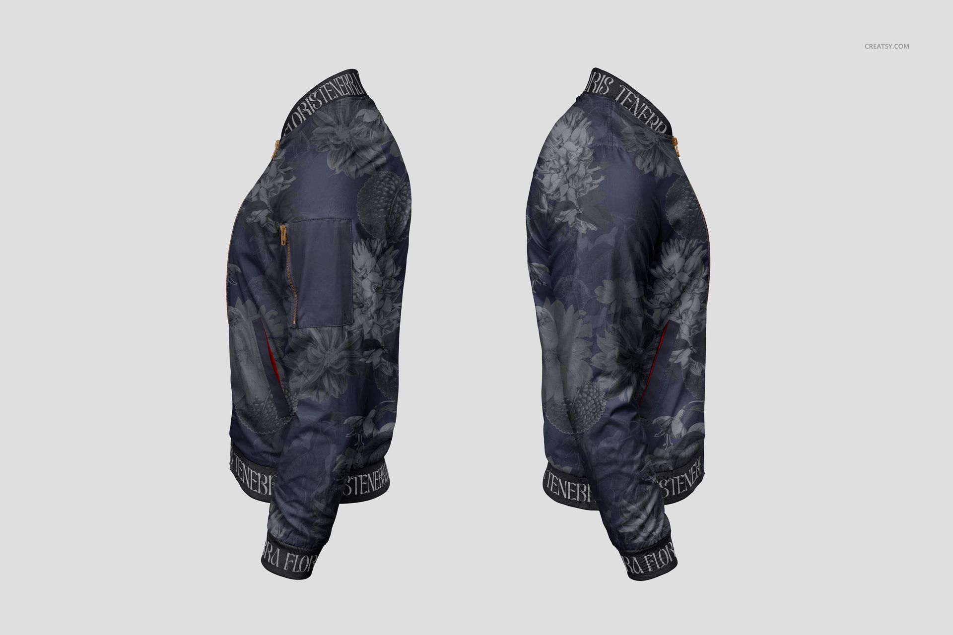 Men's bomber jacket mockup featuring a dark floral pattern, shown in side view against a light gray background.