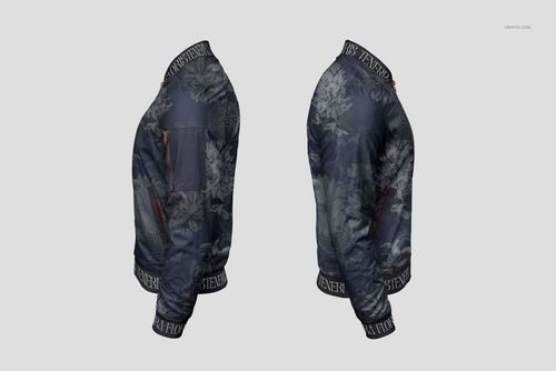 Men's bomber jacket mockup featuring a dark floral pattern, shown in side view against a light gray background.