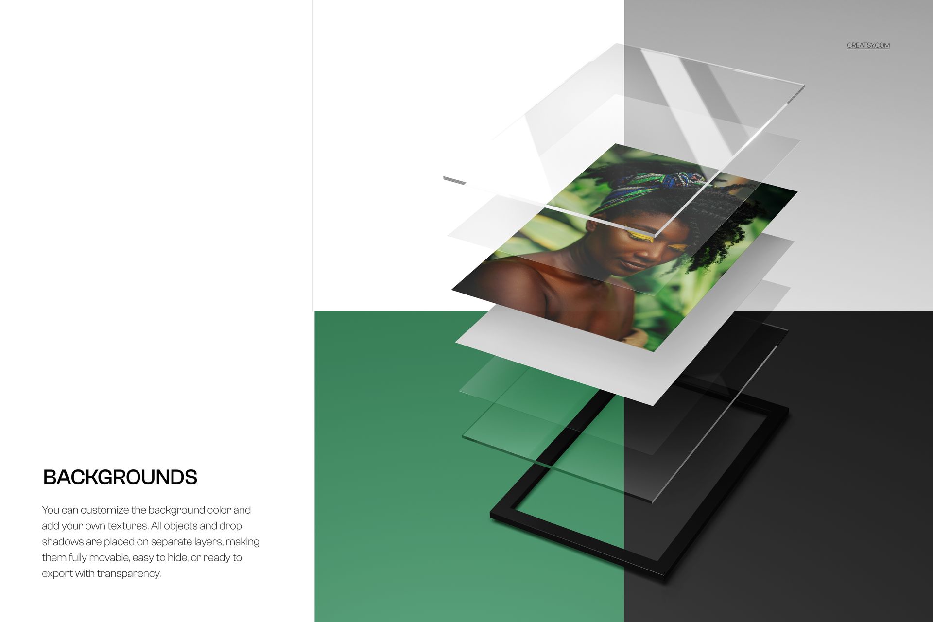 Exploded view of a glossy acrylic photo print mockup showing multiple transparent layers above a framed base.