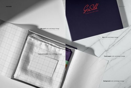 Habotai silk scarf mockup displayed inside an open box, with a folded scarf and grid pattern card on a marble surface.