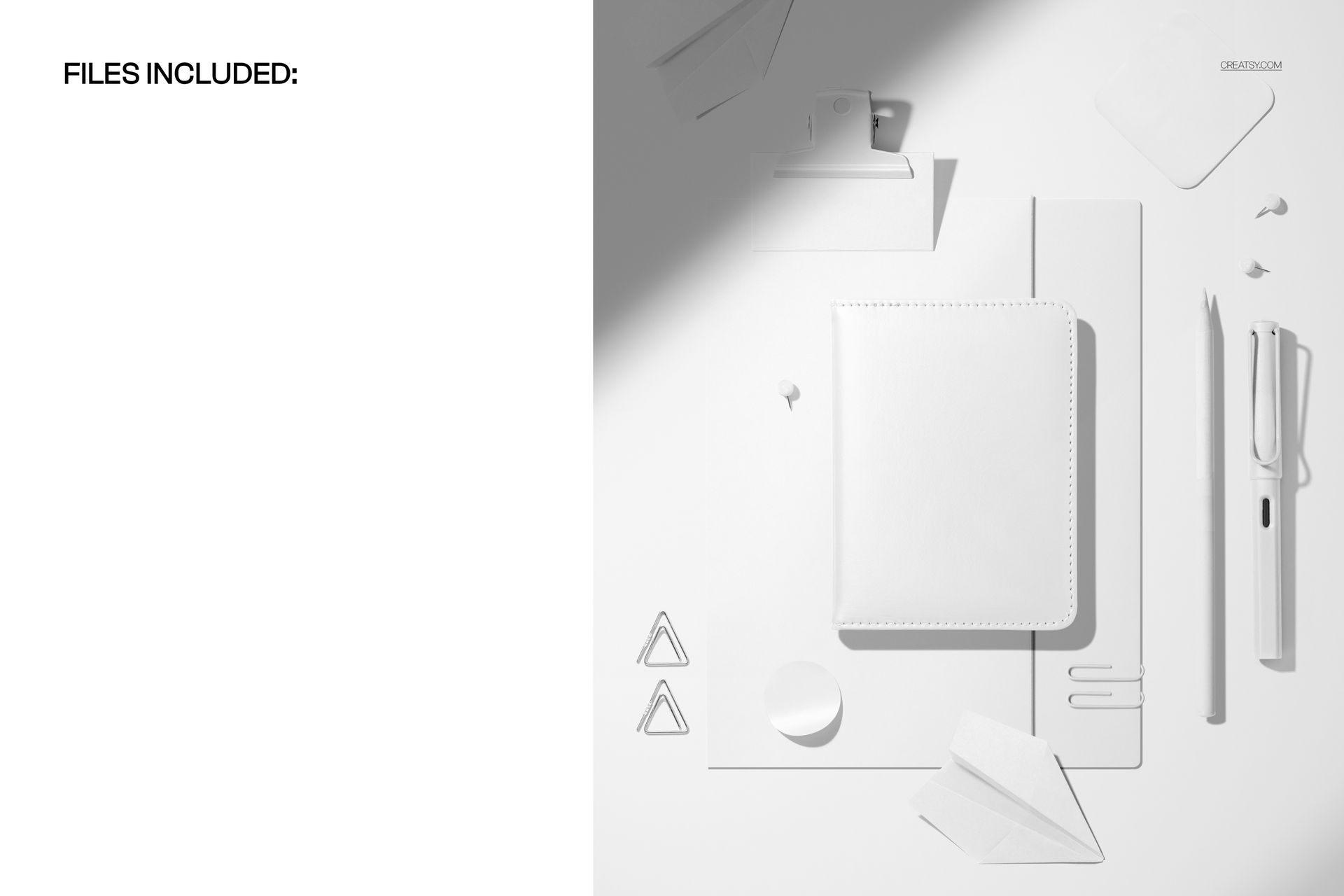 PSD mockup showing a desk kit with leather calendar, folder, business card, pen, pencil, sticky notes, clips, and pins.