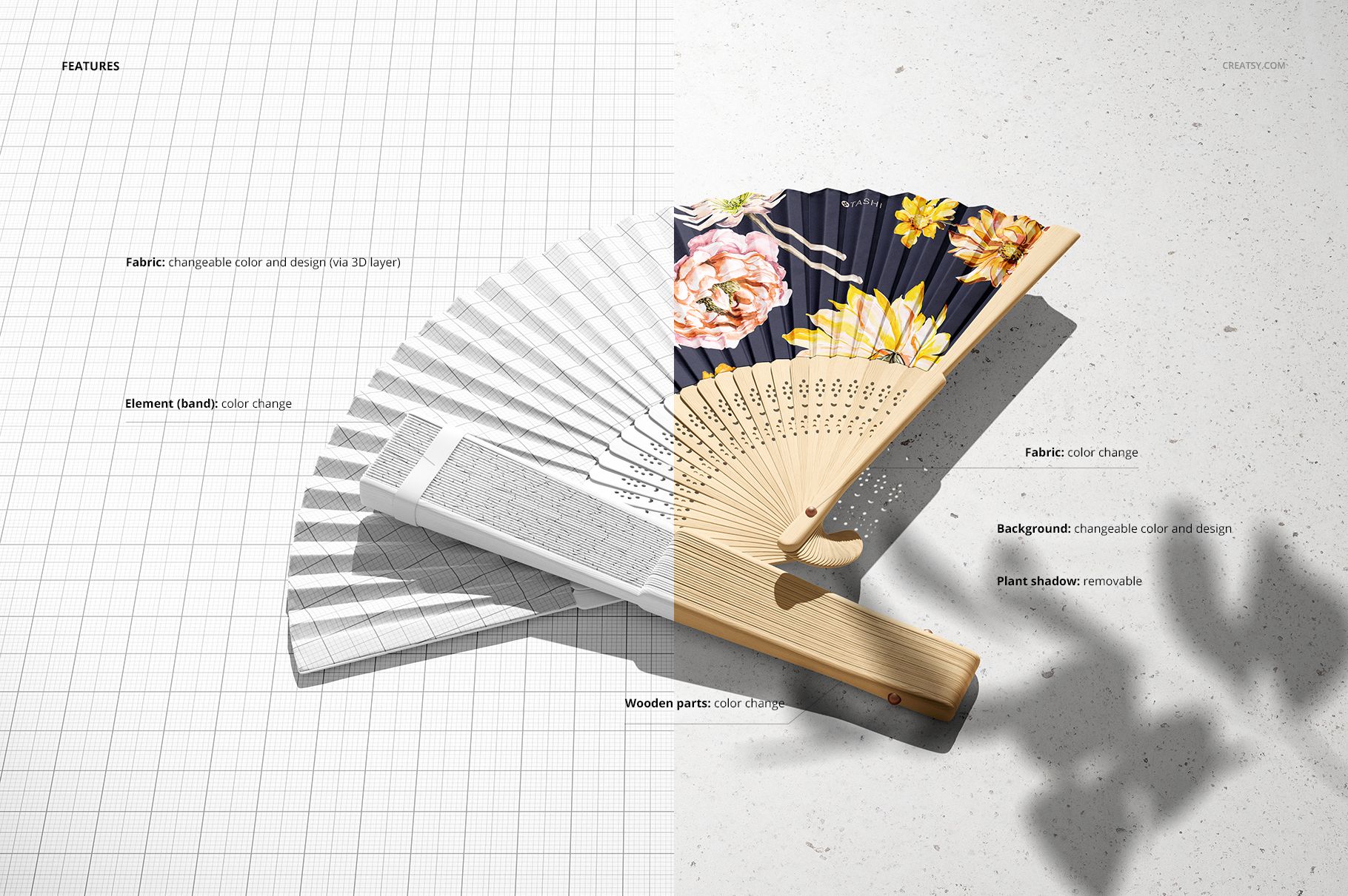 Fabric hand fan mockup set displayed with editable sections, showing floral design and wooden handle on a split background.