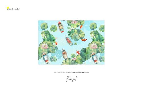 PSD mockup of a rectangular fabric swatch with a vibrant aquatic design, pinned to a tree, surrounded by white space.