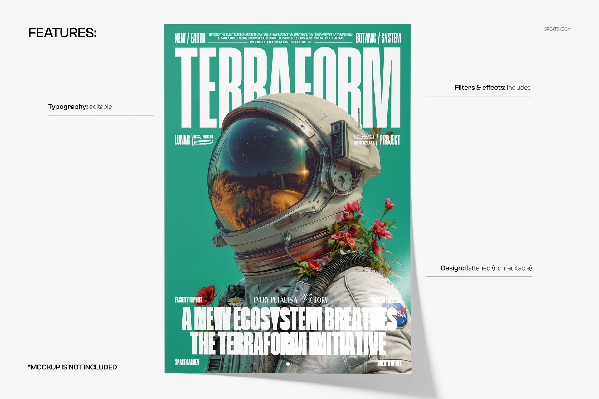 Poster mockup showing a close-up of an astronaut in a white suit with floral accents, displayed on a clean light surface.