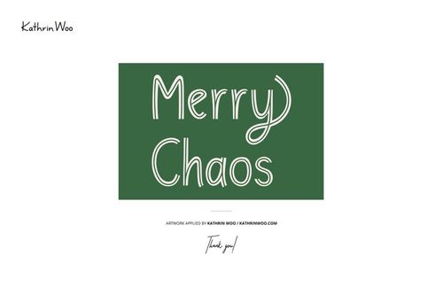 Green rectangular graphic with white outlined text reading 'Merry Chaos' in playful script, centered on a white background.