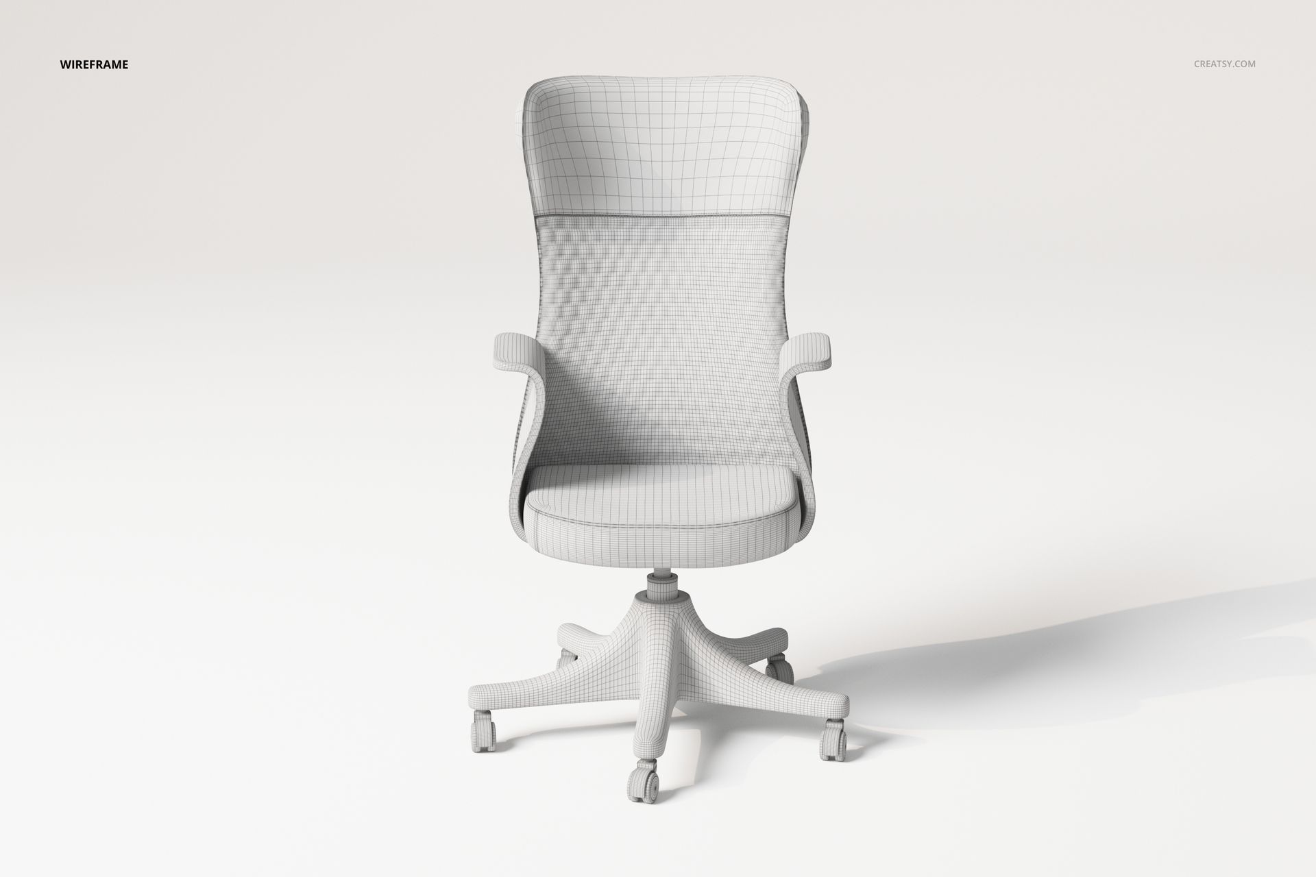 Front view of a wavy-line armchair 3D model in light gray, featuring a mesh wireframe texture and five caster wheels.