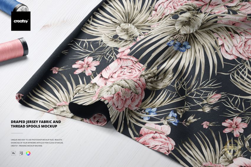 Draped Jersey Fabric and Thread Spools Mockup - mockup screenshot 1