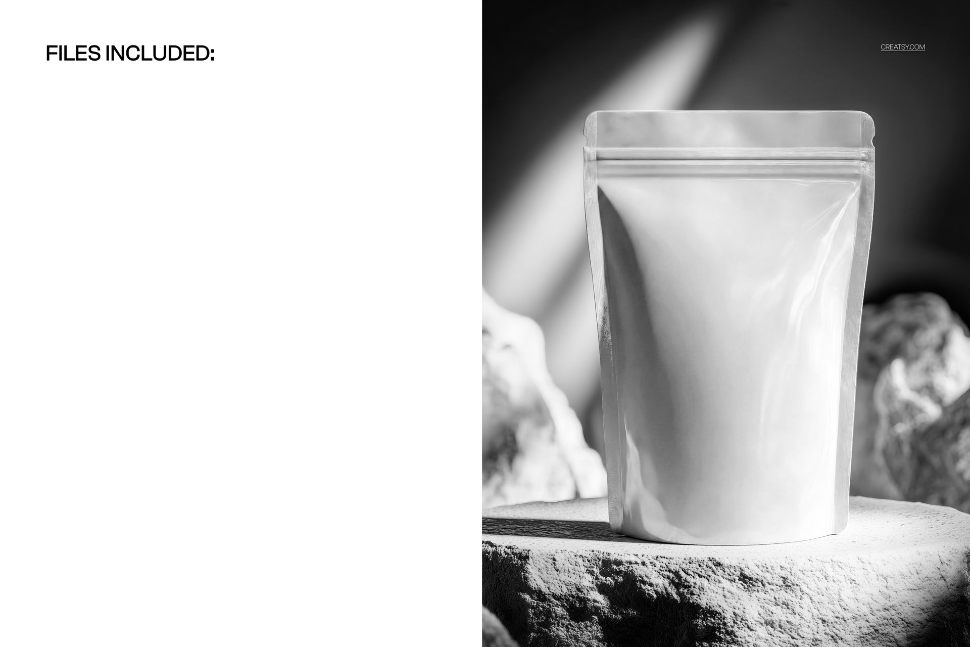 Glossy foil doypack packaging mockup standing upright on a textured stone surface with dramatic lighting.