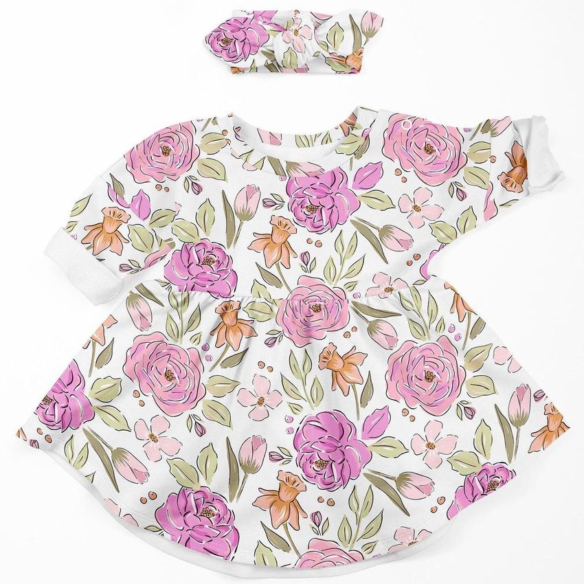 Baby jersey dress mockup with matching headband, both featuring a pink and orange floral pattern on a white background.