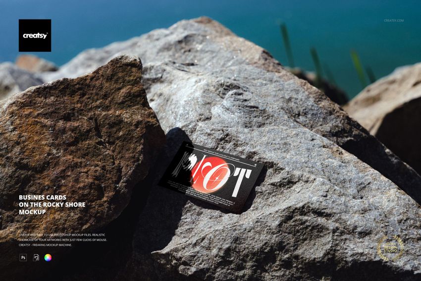 Business card mockup featuring a dark card with red and white accents resting on textured rocky surfaces outdoors.