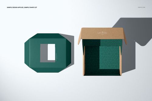Mailing box mockup set showing an open kraft box with geometric green interior and matching tray insert, top view.