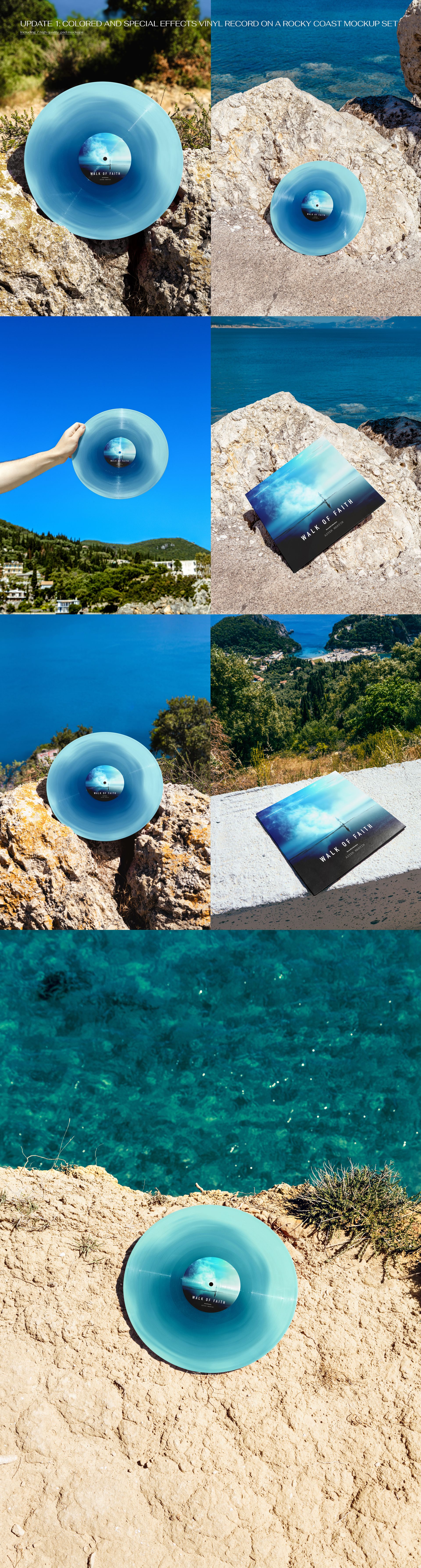 PSD mockup featuring a clear blue vinyl record and album cover placed on sunlit rocks overlooking the sea and cliffs.
