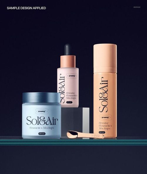 Front view of a cosmetics set mockup featuring a cream jar, dropper bottle, and spray bottle on a glass surface.