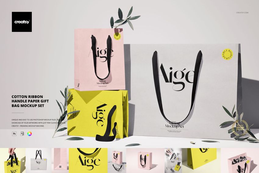 Cotton Ribbon Handle Paper Gift Bag Mockup Set - mockup screenshot 1