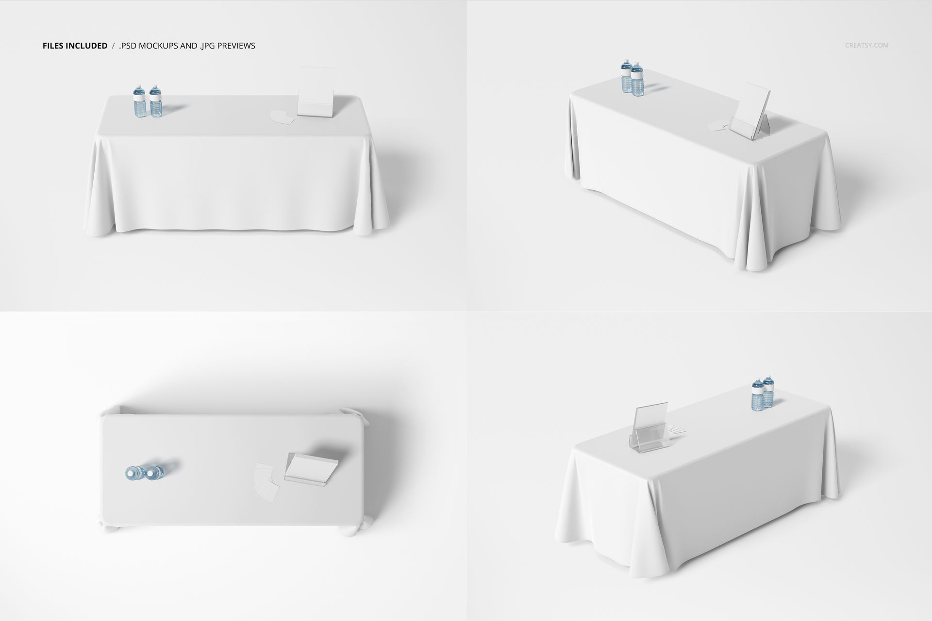 Rectangular table covered with a plain white polyester tablecloth, viewed from front and top perspectives in a mockup set.