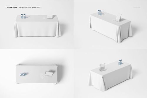 Rectangular table covered with a plain white polyester tablecloth, viewed from front and top perspectives in a mockup set.