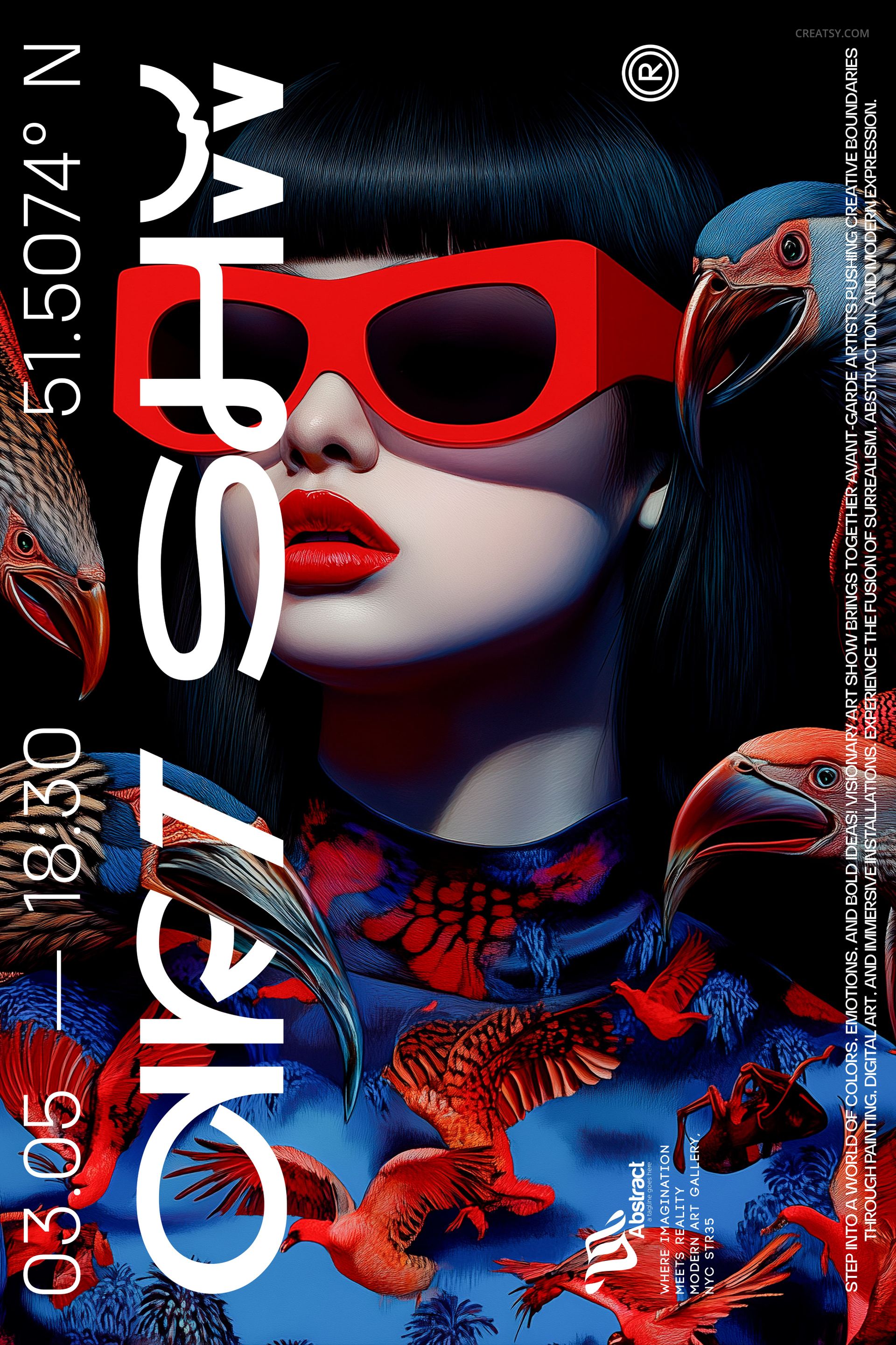 Colorful poster mockup with red flamingos, white typography, and a deep blue backdrop with abstract elements.