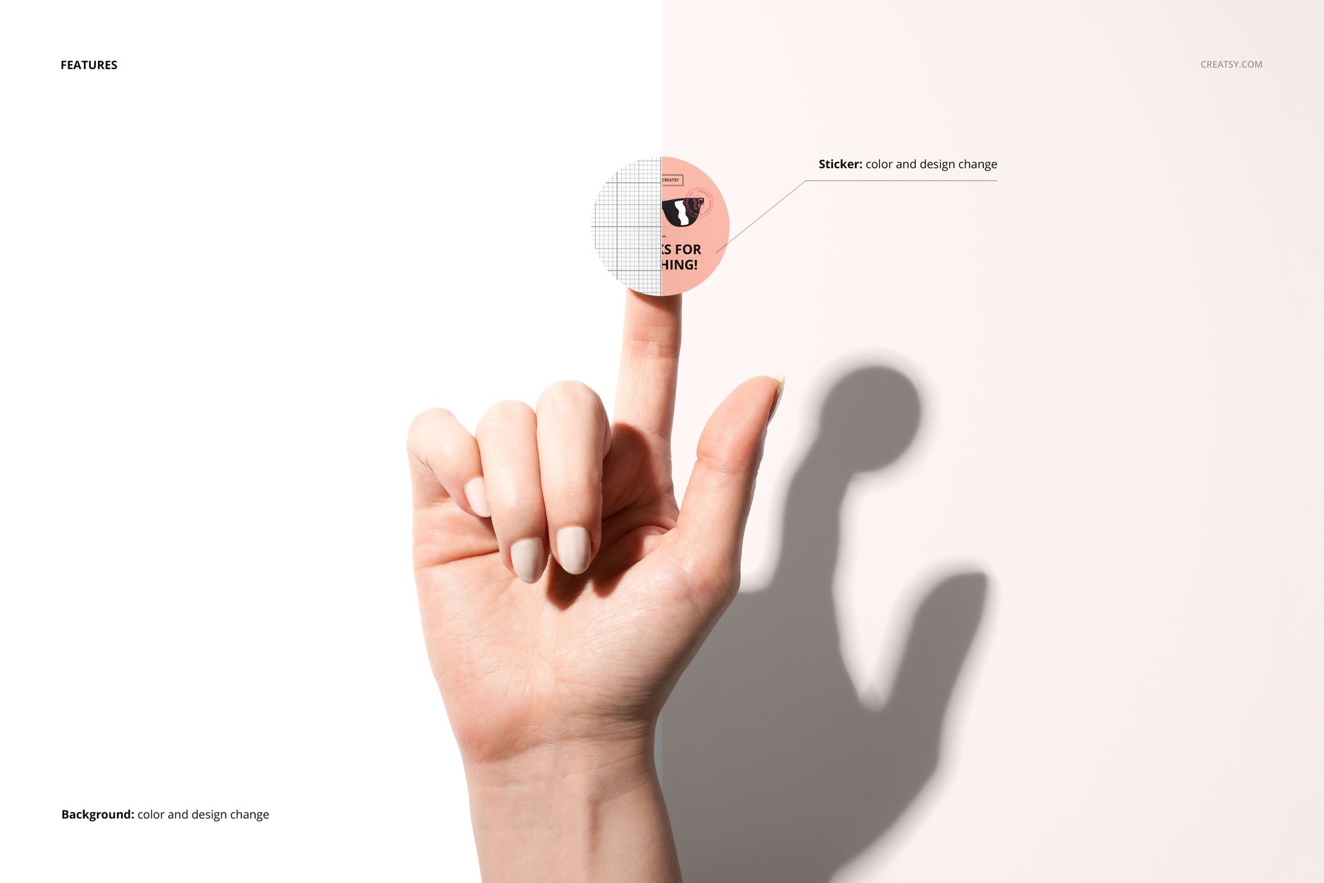 Close-up of a human hand with manicured nails displaying a circular sticker mockup on the fingertip against a two-tone backdrop.