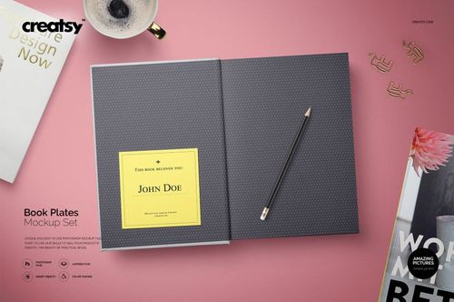 Open bookplate mockup on a pink surface, featuring a dotted gray cover, yellow label, and black pencil.