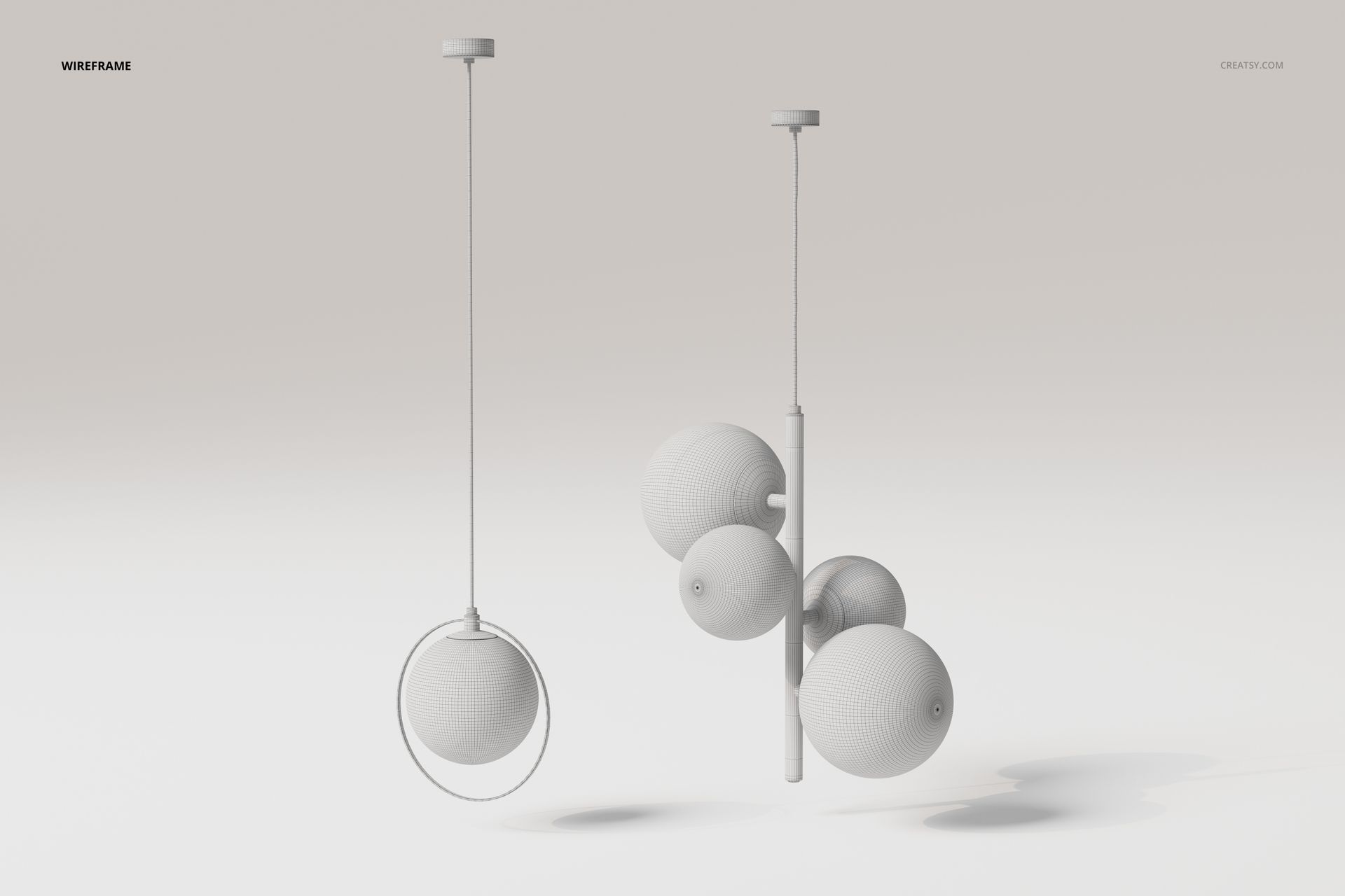Front view of two modern globe ceiling lamps in a 3D wireframe style, featuring spherical shapes and minimal background.