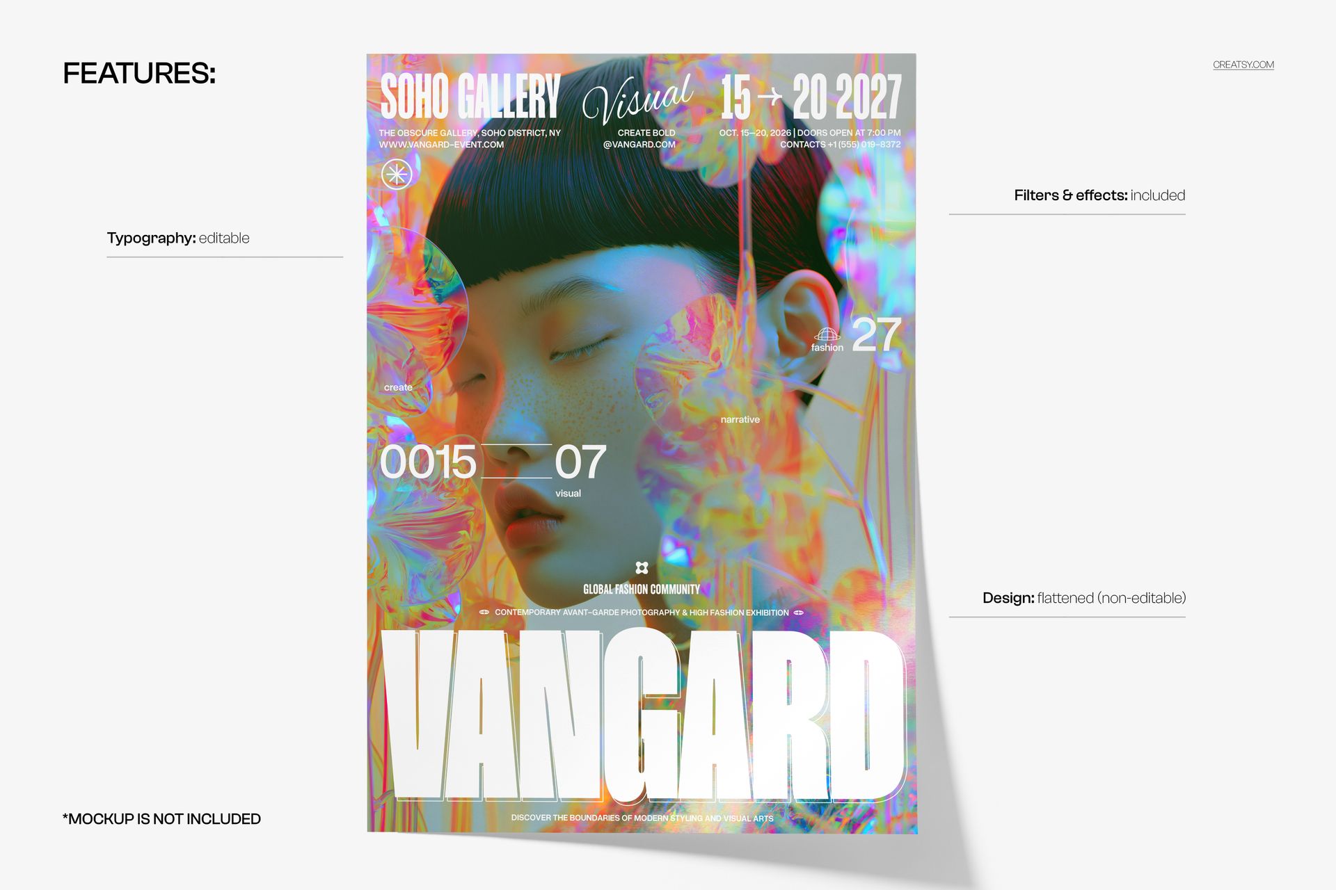 PSD mockup showing a vertical poster with abstract rainbow effects, large VANGARD text, and gallery details.