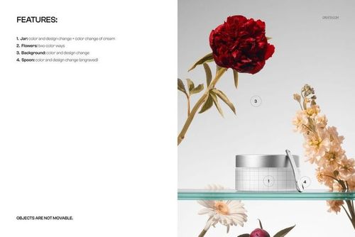 Front view of a frosted cream jar mockup with a spatula, surrounded by red and beige flowers on a glass shelf.