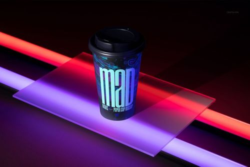 Single paper cup mockup with a black lid and bold blue neon graphics, set on a purple-lit acrylic surface.