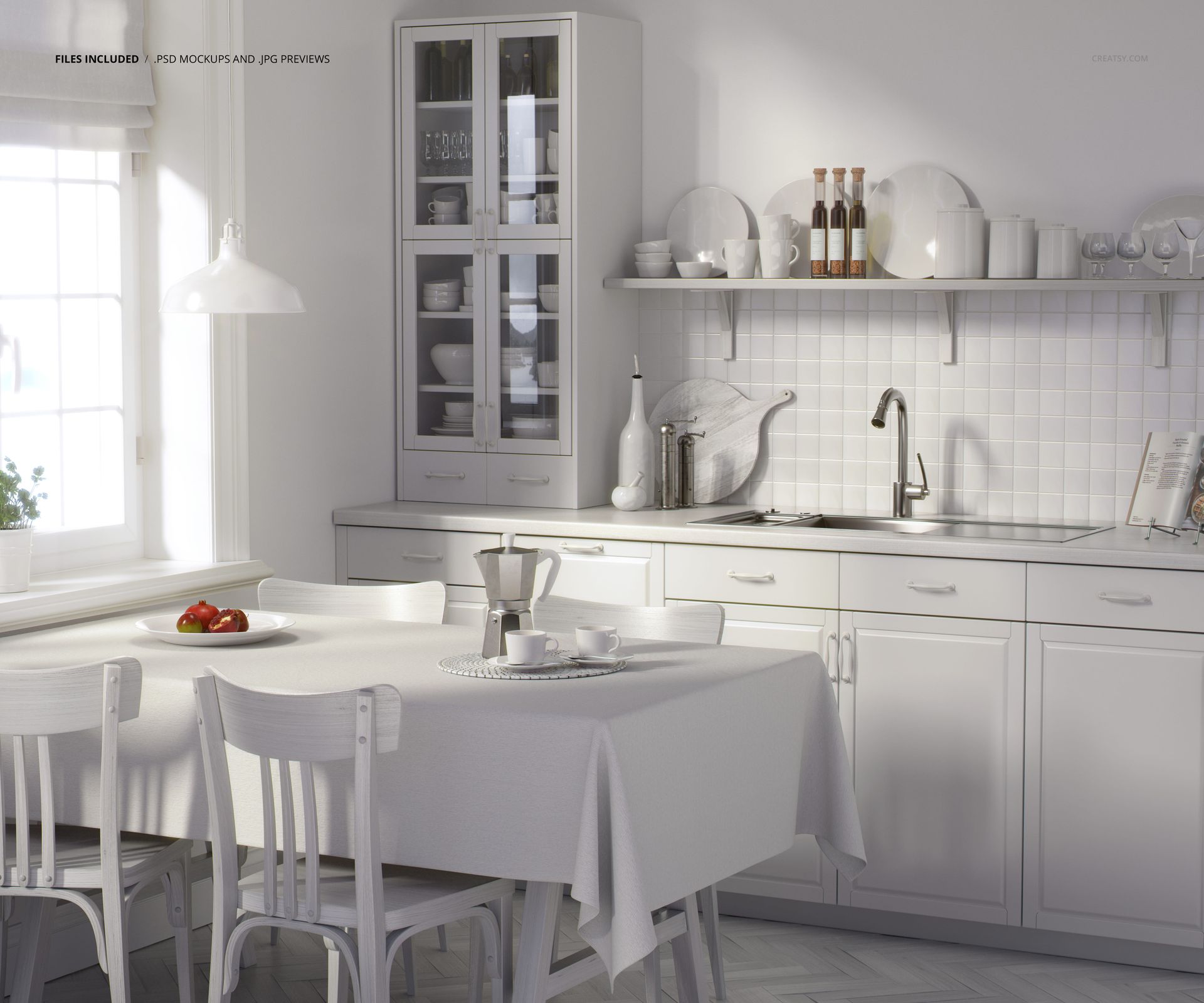 Traditional kitchen mockup featuring white cabinets, dining table with tablecloth, and bright window lighting.