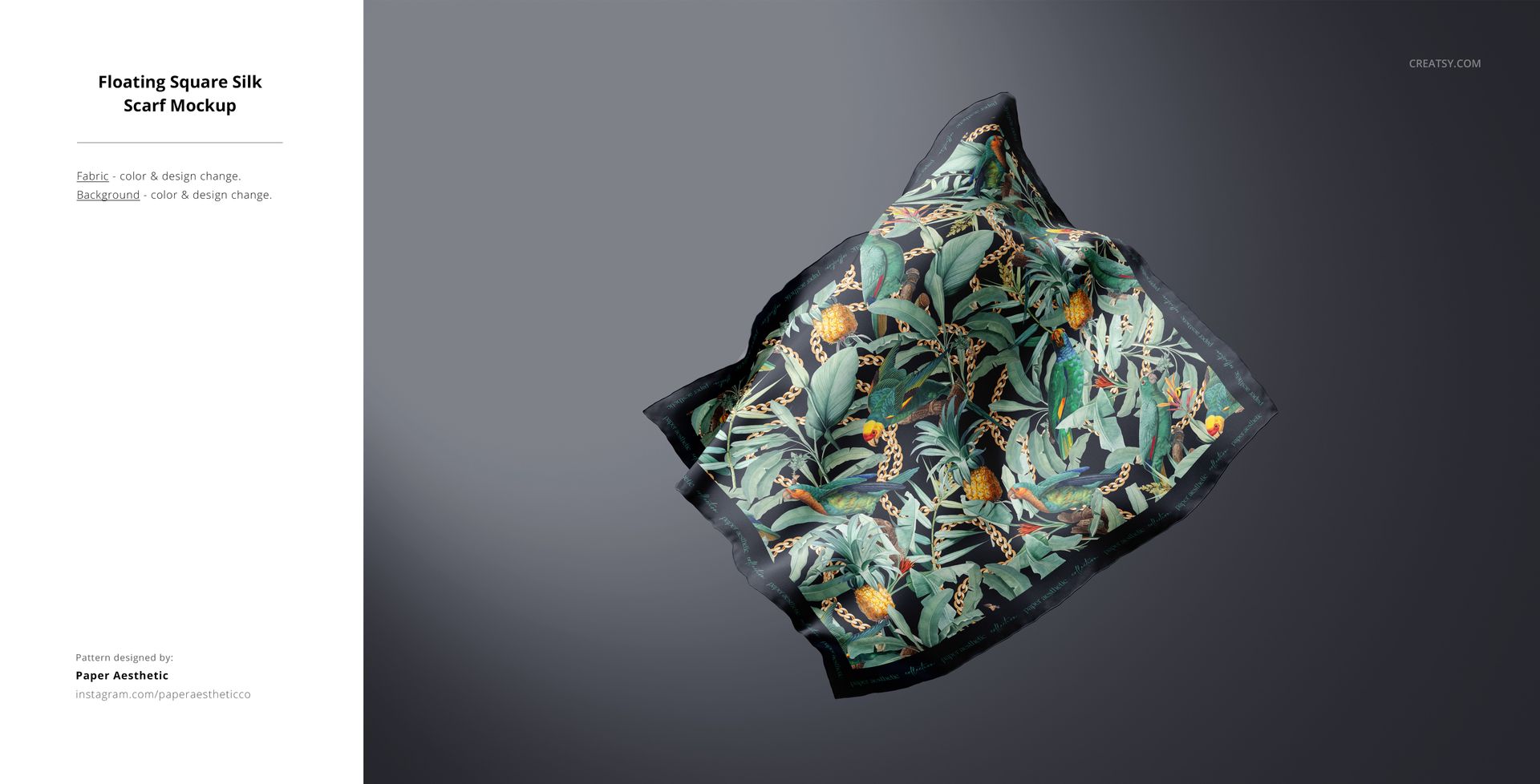 Silk fabric mockup featuring a vibrant botanical design with birds and leaves, displayed from above.
