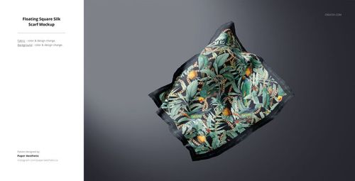 Silk fabric mockup featuring a vibrant botanical design with birds and leaves, displayed from above.