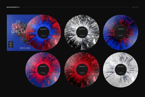 Top view of a PSD mockup set featuring vinyl records with abstract splatter patterns and a coordinating cover.