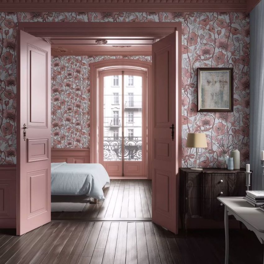 Classical apartment wallpaper mockup showing a bedroom with floral patterned wallpaper, pink doors, and a wooden floor.