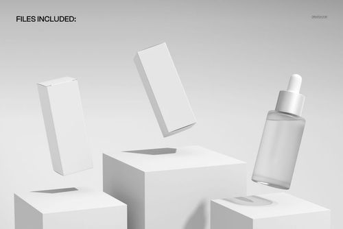Floating serum packaging mockup featuring a glass dropper bottle and two rectangular boxes on white podiums, front view.