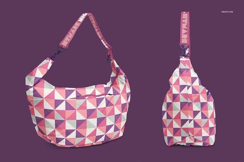 Two views of a crescent bag mockup featuring a colorful geometric triangle design on a purple backdrop.