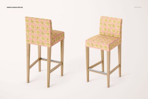 Ikea Henriksdal bar stools mockup featuring soft pink covers with yellow pattern, viewed from two perspectives.