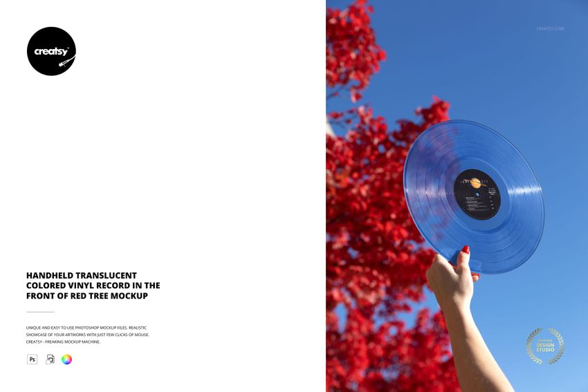 Handheld Translucent Colored Vinyl Record in the Front of Red Tree Mockup - mockup screenshot 1