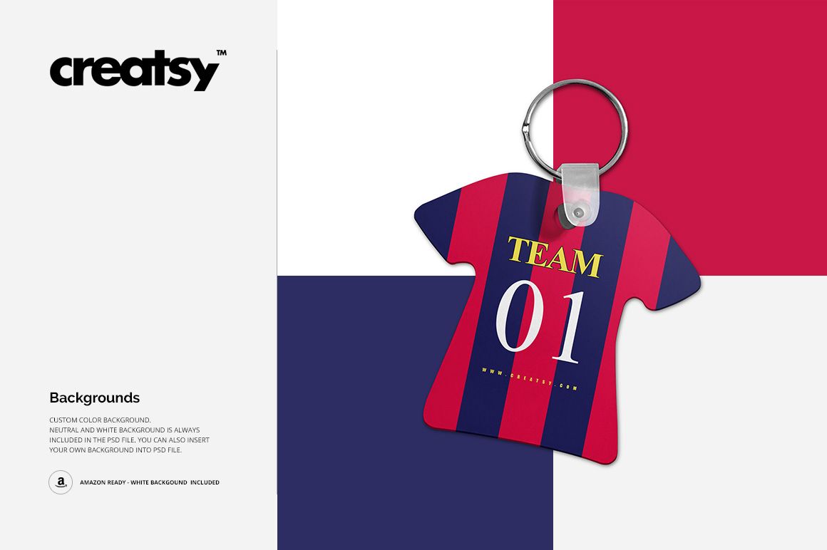 Front view of a soccer jersey keychain mockup featuring red and navy stripes, yellow lettering, and a metal key ring.