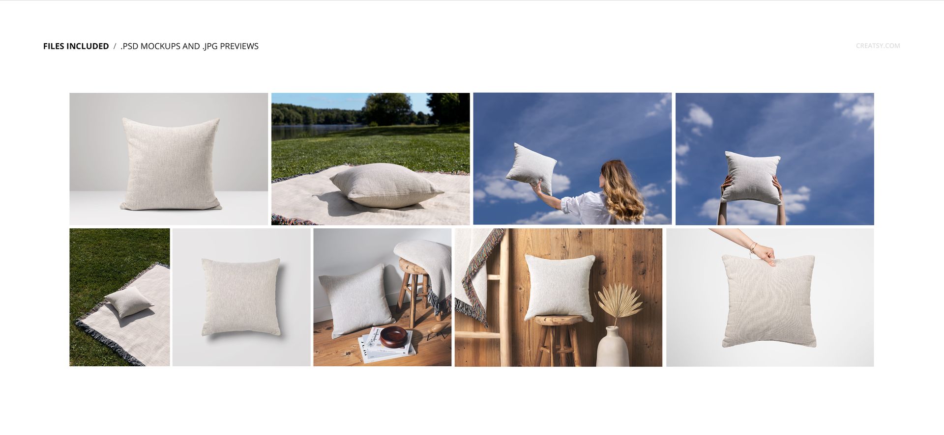 Woven pillow mockup set featuring neutral-tone pillows in various indoor and outdoor scenes, including grass and wooden furniture.
