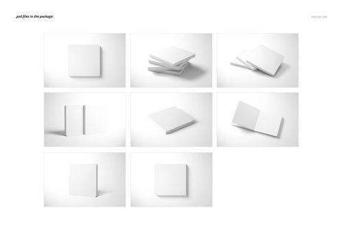 Nine views of a cardboard baby book mockup, showing closed and open books with white covers and pages.