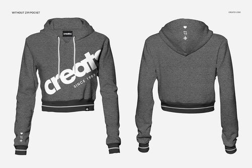 Gray melange crop hoodie mockup shown from front and back, with drawstrings and white graphic text on the chest.