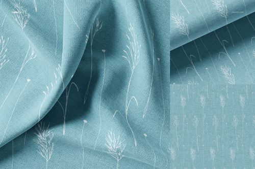 Textile mockup featuring light blue fabric with delicate white plant motifs, displayed in both draped and flat perspectives.